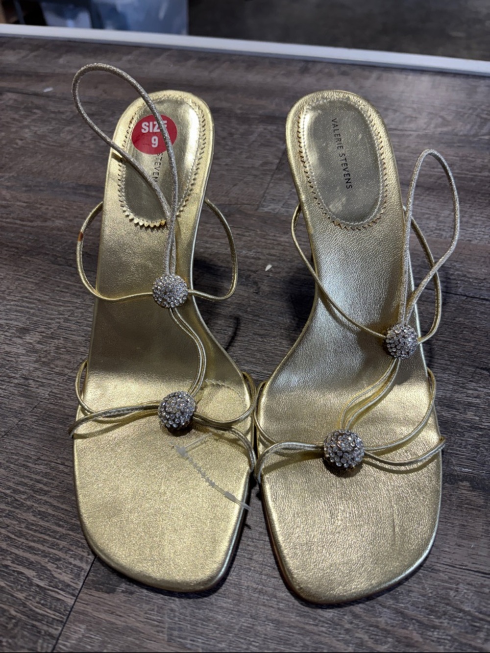 Valerie Stevens Metallic Gold Rhinestone Strappy Heels